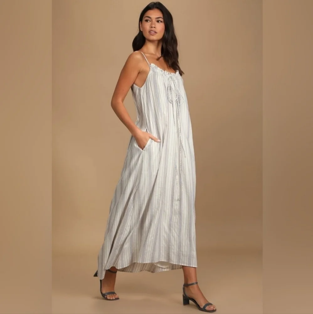 Lulu's Summer Forest Ivory multi striped maxi dress S NWT
